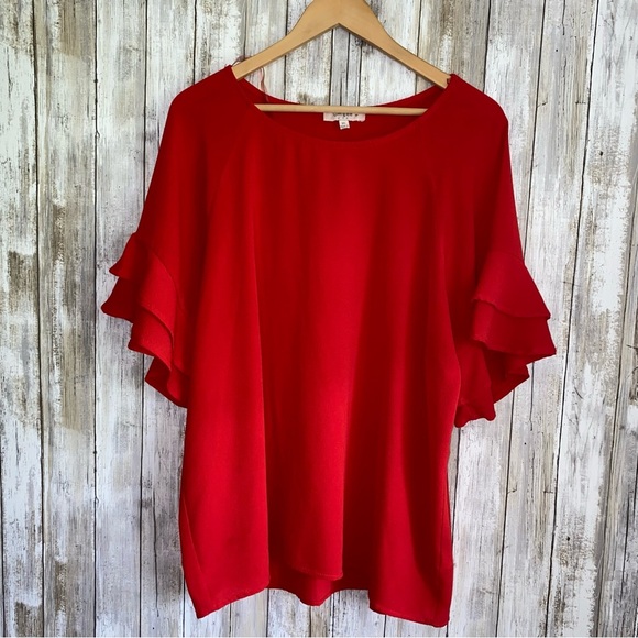 Umgee Red Layered Ruffle Sleeve Blouse - Picture 2 of 6